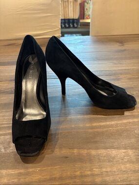 Nine West Black Suede SquarePeep-Toe Heels